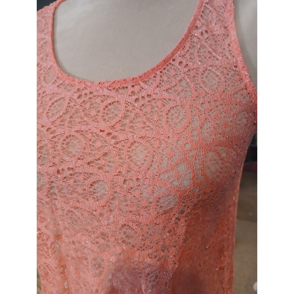 Charlotte Russe Coral Lace Tie Front Tank Top Glitter Mesh Size Juniors Medium - Picture 2 of 10